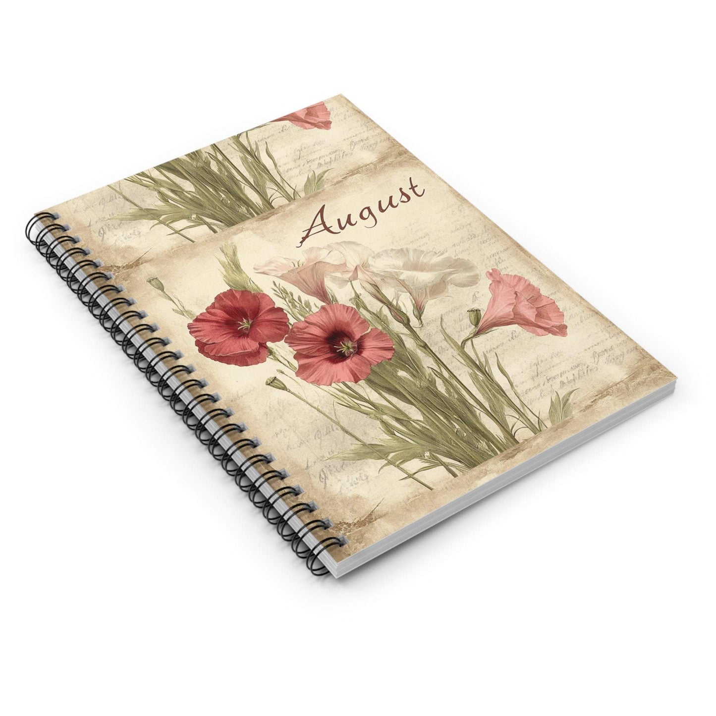Floral Spiral Notebook - August Birthflower | Vintage Floral Stationery, Journal for Students, Gift for Writers, Note-taking, Scrapbook