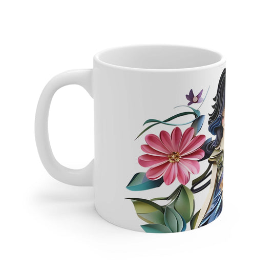 Floral art coffee mug with vibrant botanical design, ideal gift for her.