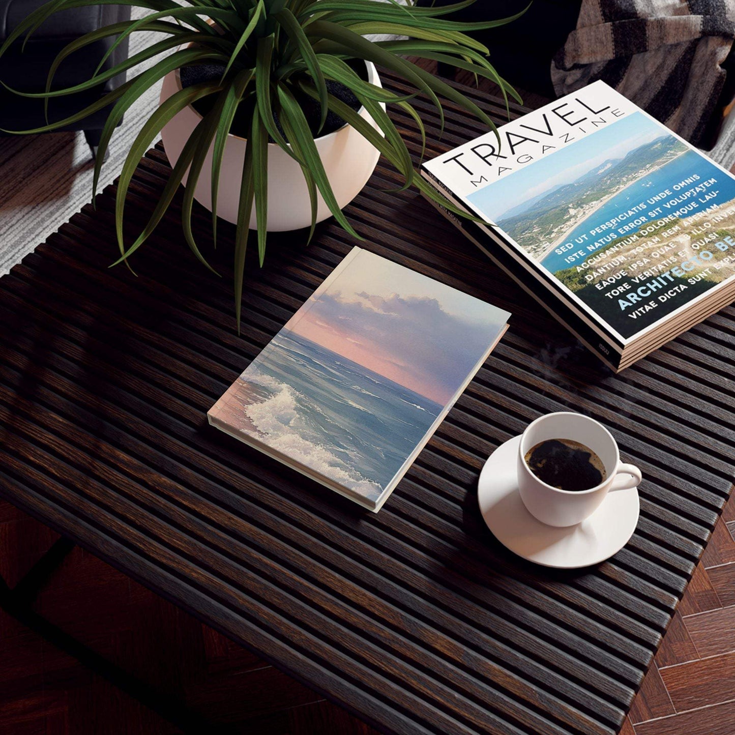 Ocean-themed hard backed journal with beach breeze design on wooden table.