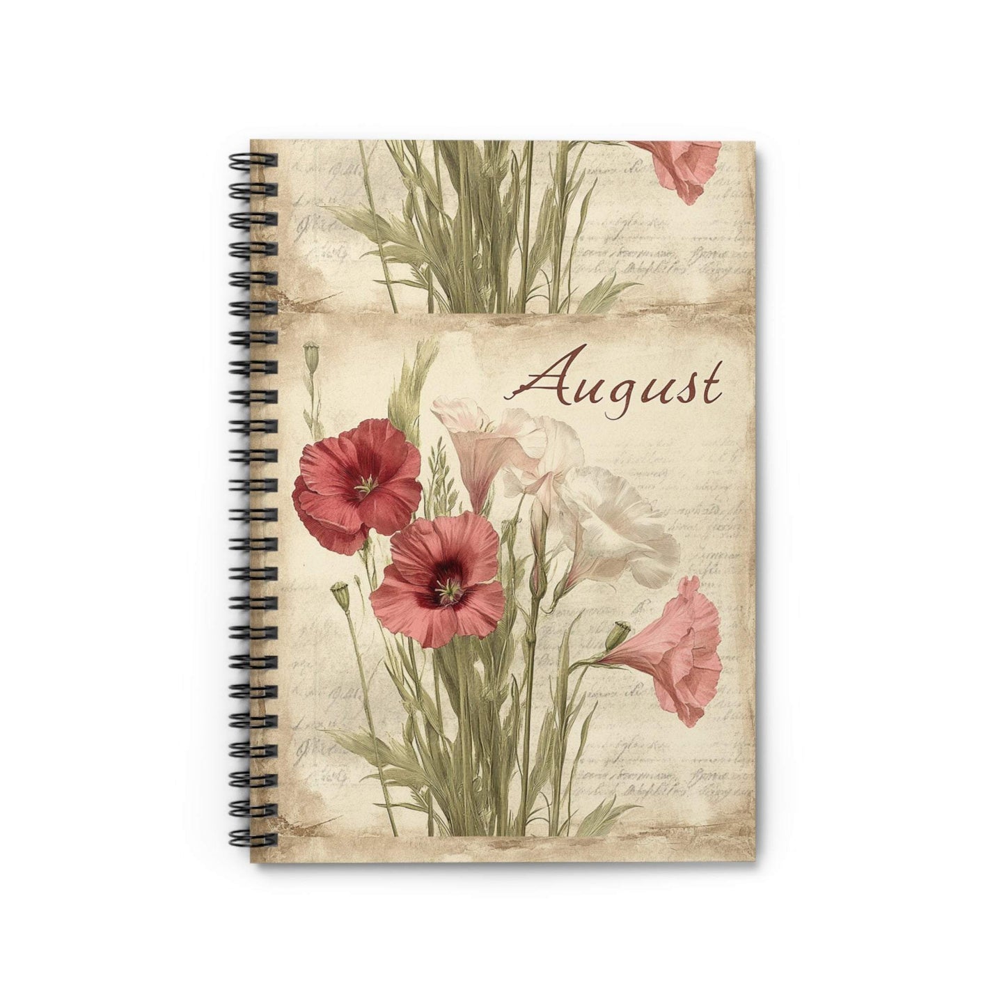 Floral Spiral Notebook - August Birthflower | Vintage Floral Stationery, Journal for Students, Gift for Writers, Note-taking, Scrapbook
