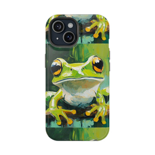 Cute green frog design on magnetic phone case, durable and perfect for nature lovers.