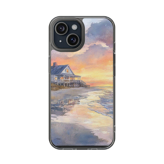 Watercolor beach house clear phone case with sunset design, coastal-themed accessory.