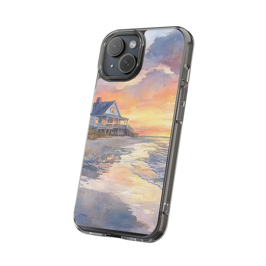 Watercolor beach house clear phone case with vibrant sunset design.