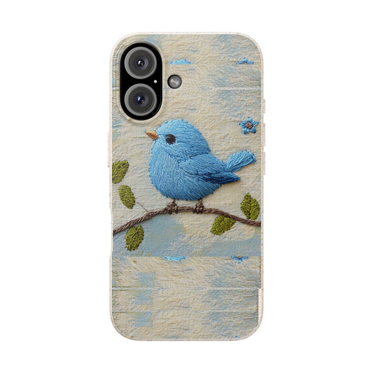 Eco-friendly biodegradable phone cover with embroidered bluebird design.