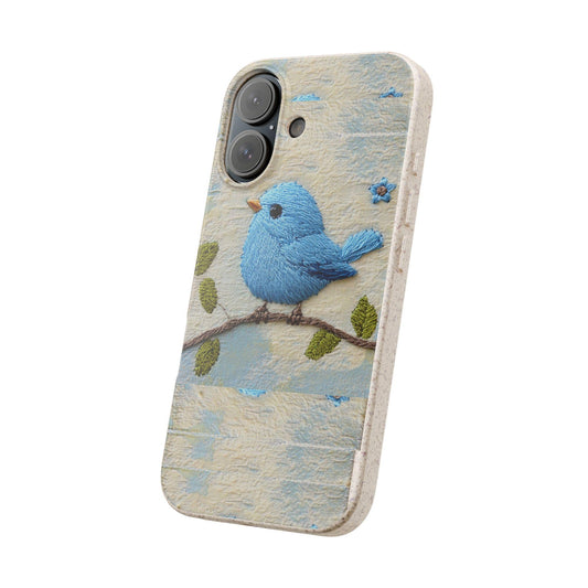 Eco-friendly biodegradable phone cover with embroidered blue bird design.